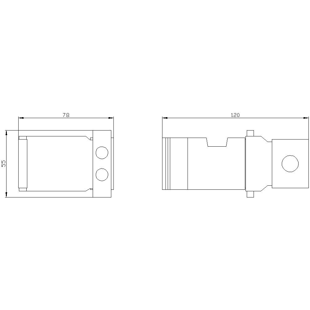 Rysunek techniczny elementu z dwóch perspektyw. Z lewej: widok z przodu, szerokość 78 mm, wysokość 55 mm. Z prawej: widok z boku, długość 120 mm.