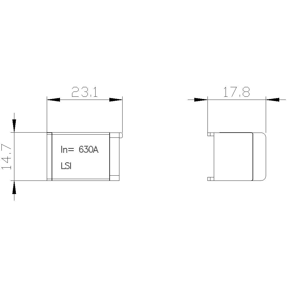 Rysunek techniczny elementu elektronicznego. Wymiary: 23,1 x 17,8 mm i 14,7 mm wysokości. Oznaczenie 'In= 630A LSI'.