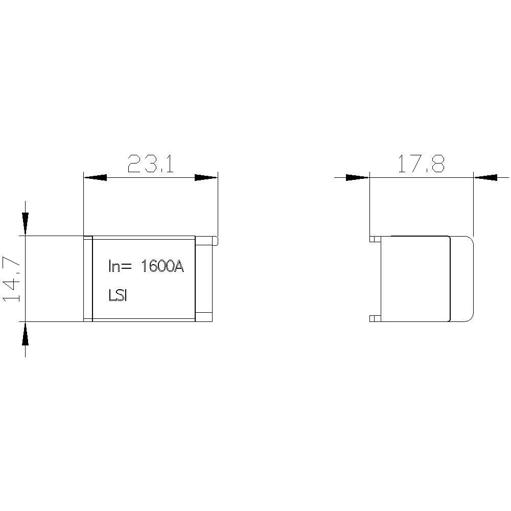 Rysunek techniczny elektrycznego przełącznika o wymiarach: wysokość 14,7 mm, szerokość 23,1 mm, głębokość 17,8 mm. Natężenie prądu: 1600A.