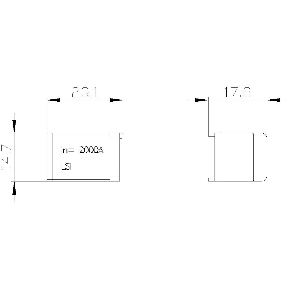 Rysunek techniczny prostokątnego obiektu o wymiarach 23,1 x 14,7 mm i długości 17,8 mm. Opisany napisem "In=2000A LSI".