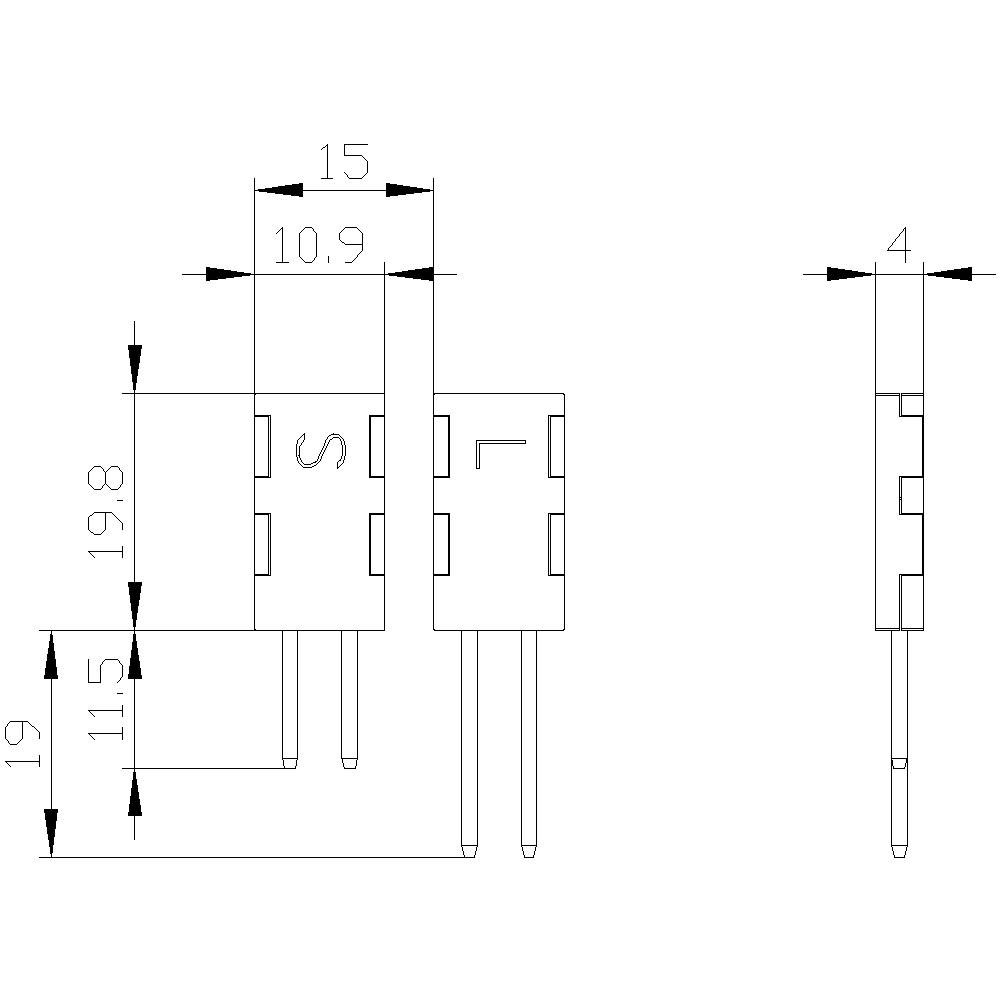 Rysunek techniczny komponentu elektronicznego z wymiarami: wysokość 19 mm, szerokość 10,9 mm, grubość 4 mm. Oznaczenie 'S' na boku.