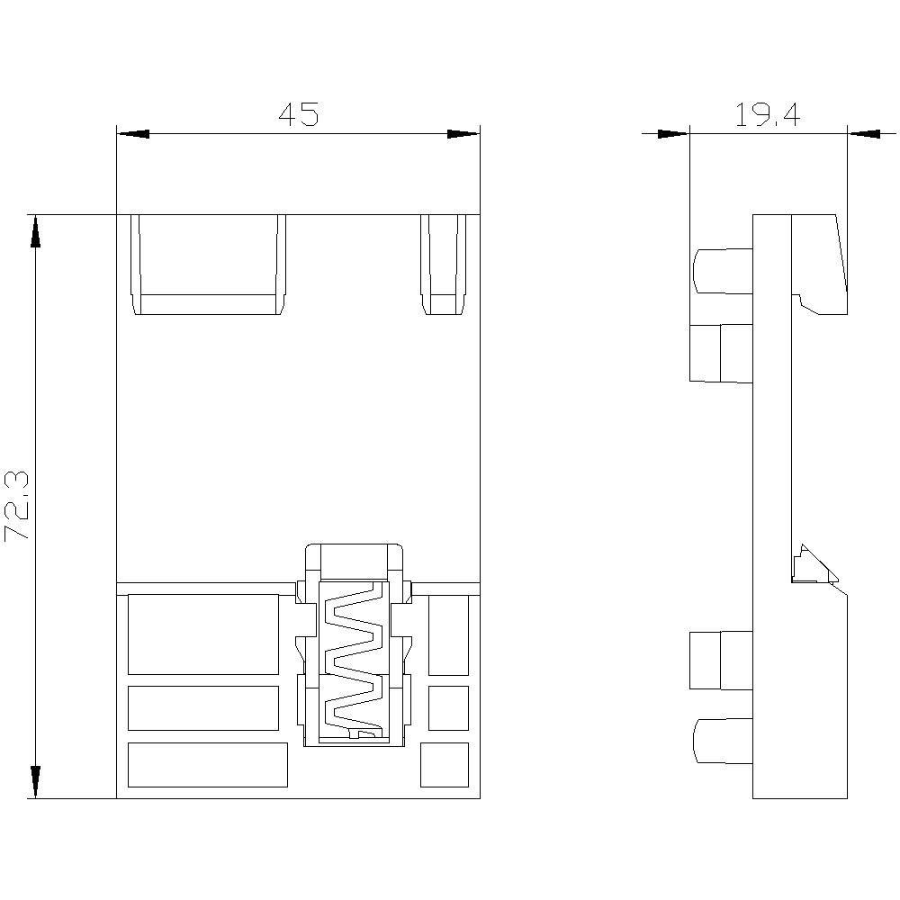 Rysunek techniczny elementu w dwóch rzutach z wymiarami: 72,3 x 45 x 19,4 mm. Przedstawia szczegóły złączy wtykowych oraz mechanizmu sprężynowego.