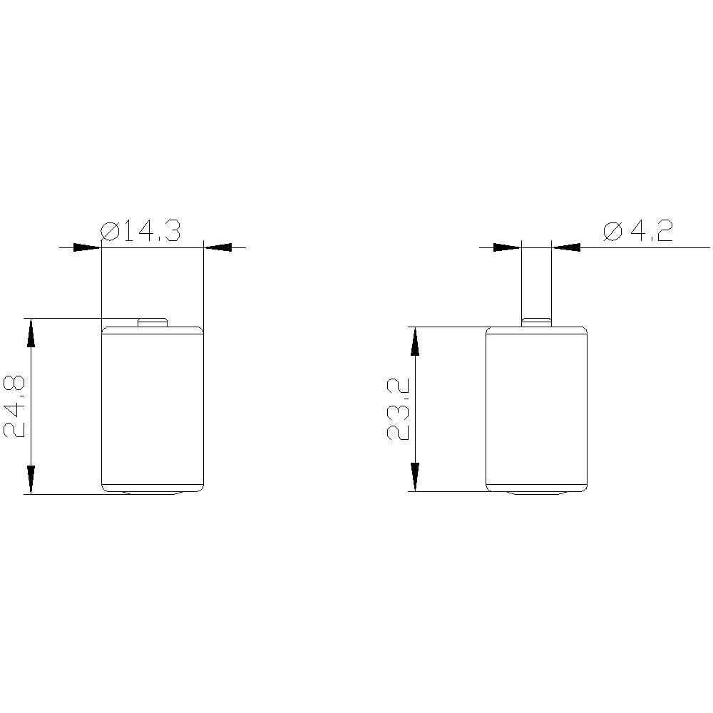 Dwie techniczne rysunki cylindrycznych obiektów o średnicach 14,3 mm i 4,2 mm. Wysokości wynoszą odpowiednio 24,8 mm i 23,2 mm.