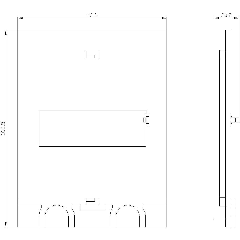 Rysunek techniczny prostokątnego urządzenia o wymiarach 126 mm x 165,5 mm oraz głębokości bocznej wynoszącej 20,8 mm. Przedstawia widok z przodu i z boku.