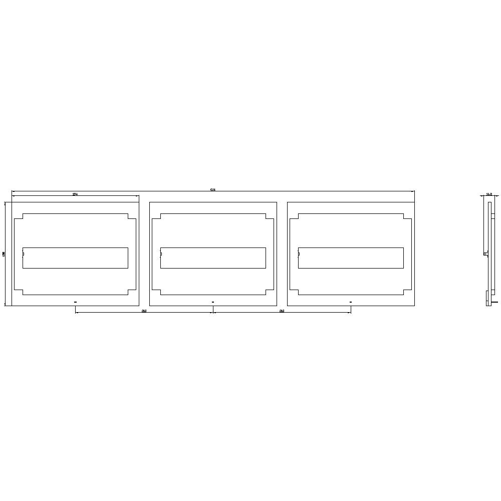 'Widok drzwi - rysunek: Trzy prostokątne drzwi ułożone obok siebie, z zaznaczonymi szczegółowymi wymiarami. Widok boczny przedstawiony po prawej stronie.'