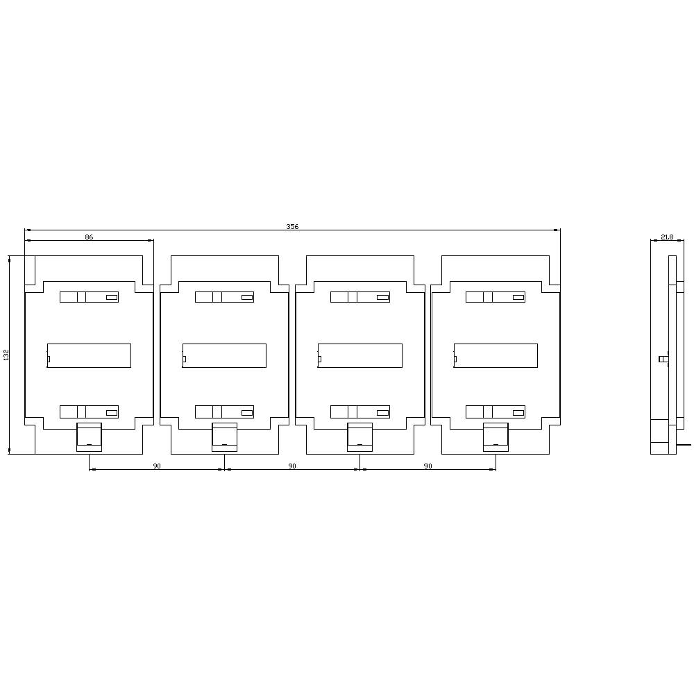 Rysunek techniczny czterech prostokątnych jednostek ustawionych obok siebie, wymiary podane w milimetrach, z widokiem szczegółowym z boku.