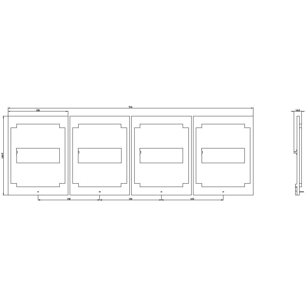 Rysunek techniczny czterech identycznych, prostokątnych paneli ustawionych w rzędzie, z wymiarami oznaczonymi na brzegach.