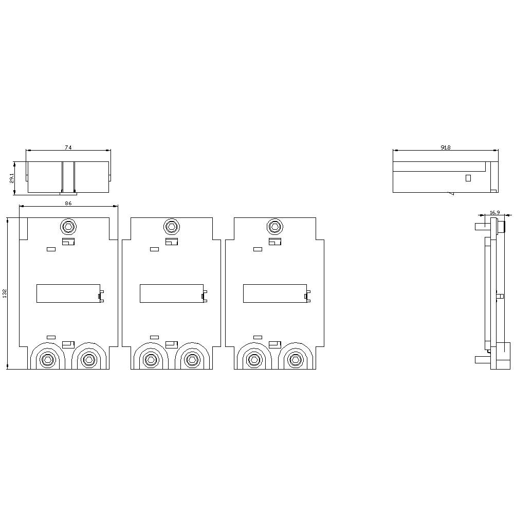 Rysunek techniczny trójfazowego wyłącznika mocy z wymiarami: wysokość 110 mm, szerokość 85 mm, głębokość 74 mm.