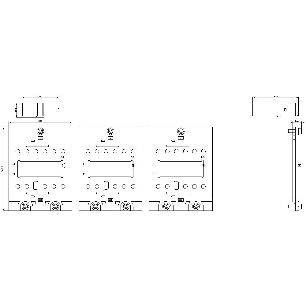 Rysunek techniczny trzech prostokątnych obudów elektrycznych przedstawionych z widoku przedniego i bocznego, z oznaczeniami jednostek miar i otworami montażowymi.