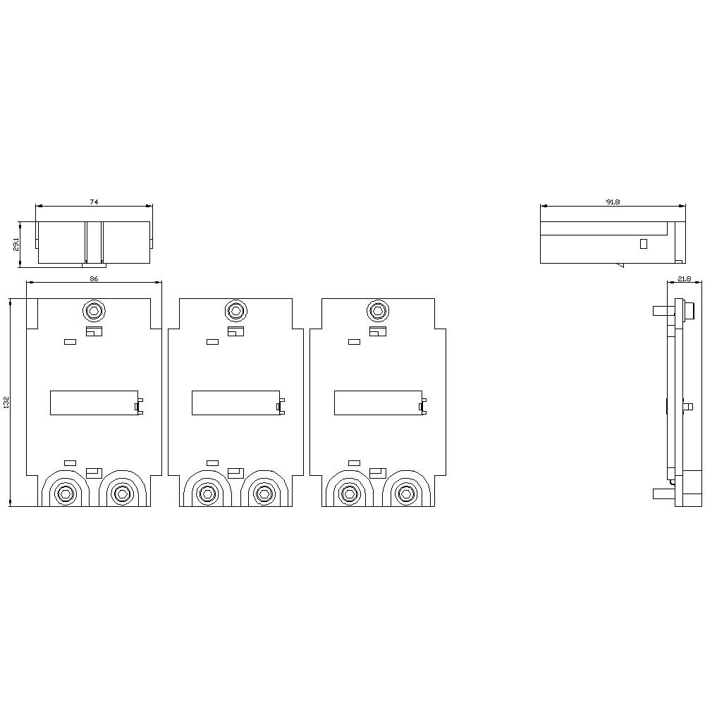 Rysunek techniczny trójfazowego przełącznika elektrycznego z wymiarami w milimetrach dla szerokości, wysokości i głębokości.