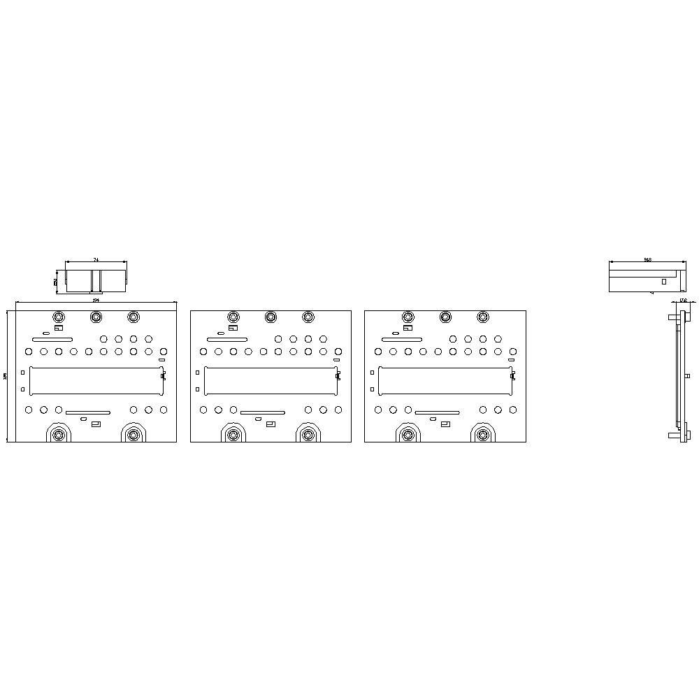 Rysunek techniczny systemu szafek sterowniczych w układzie liniowym, składającego się z trzech identycznych paneli sterujących oraz widoku bocznego panelu.