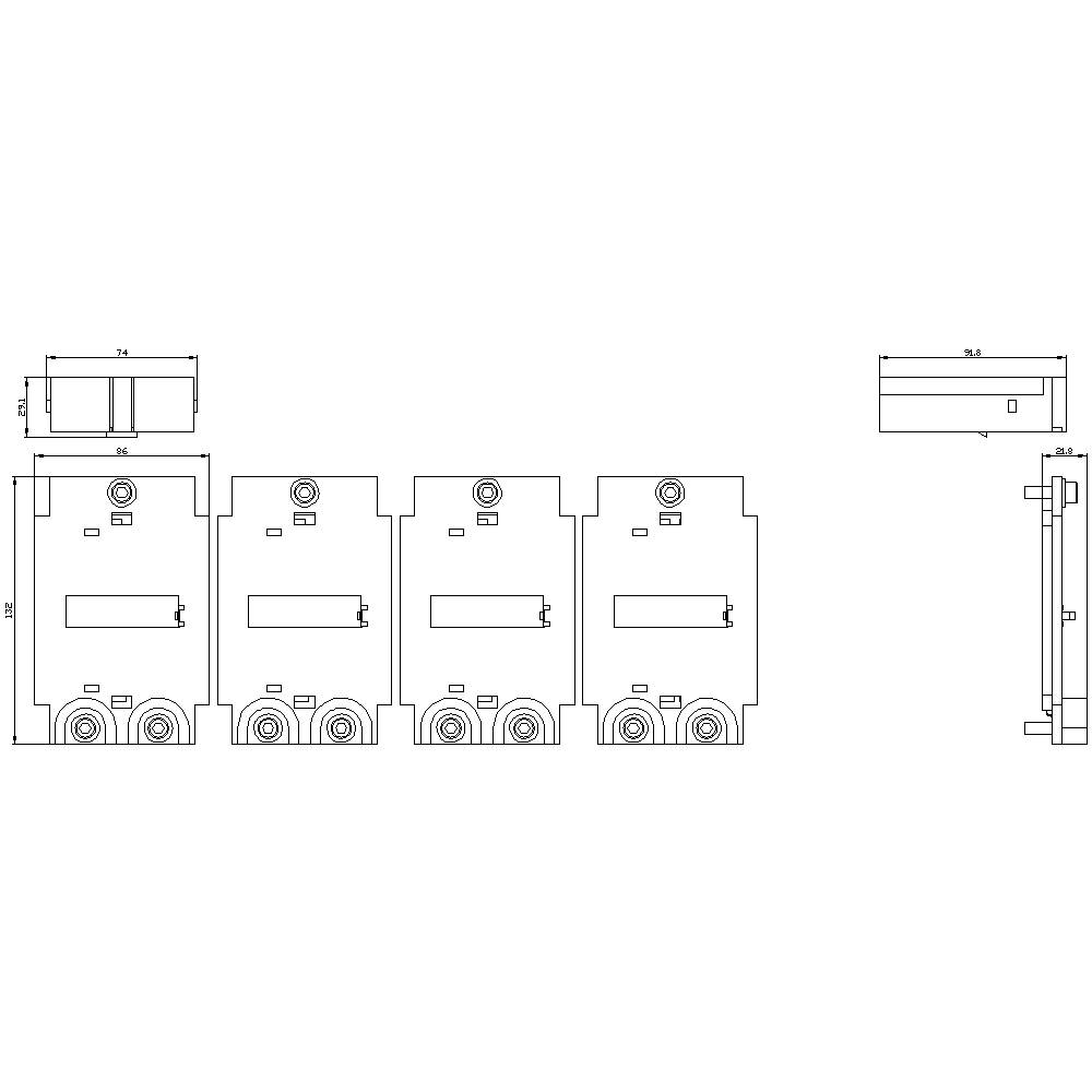 Rysunek techniczny czterech identycznych urządzeń elektrycznych z wymiarami. Przedstawia widok z przodu i z boku.