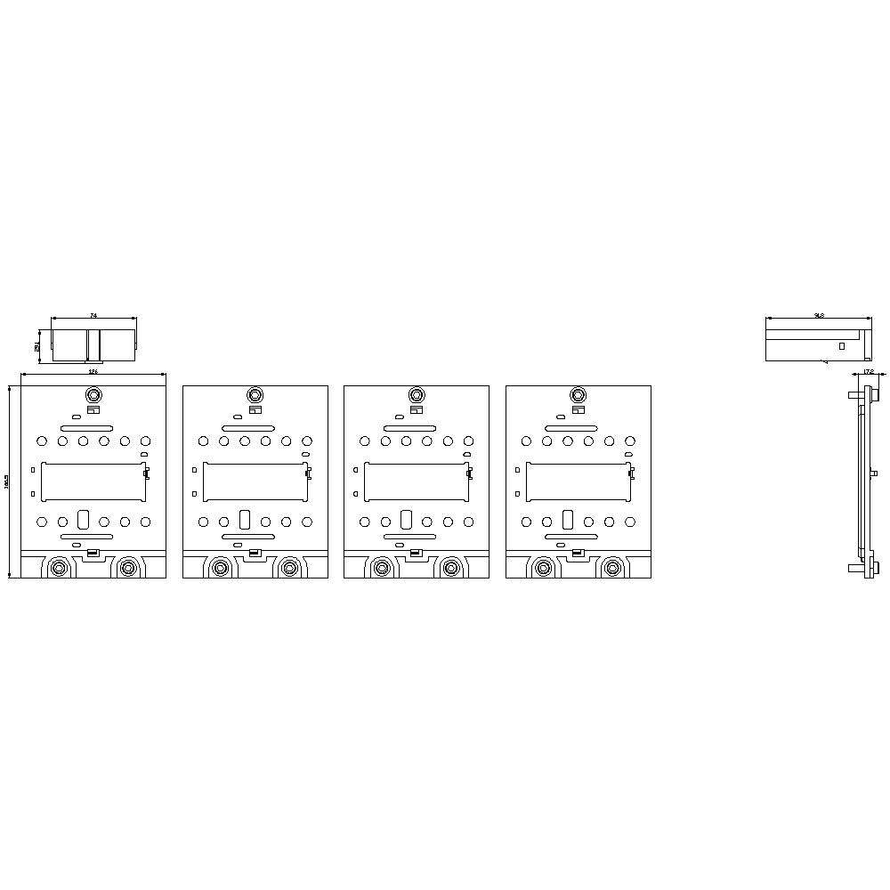 Cztery jednakowe, prostokątne maszyny w jednym rzędzie z przyciskami i wyświetlaczem, obok widoku perspektywicznego tych samych maszyn.