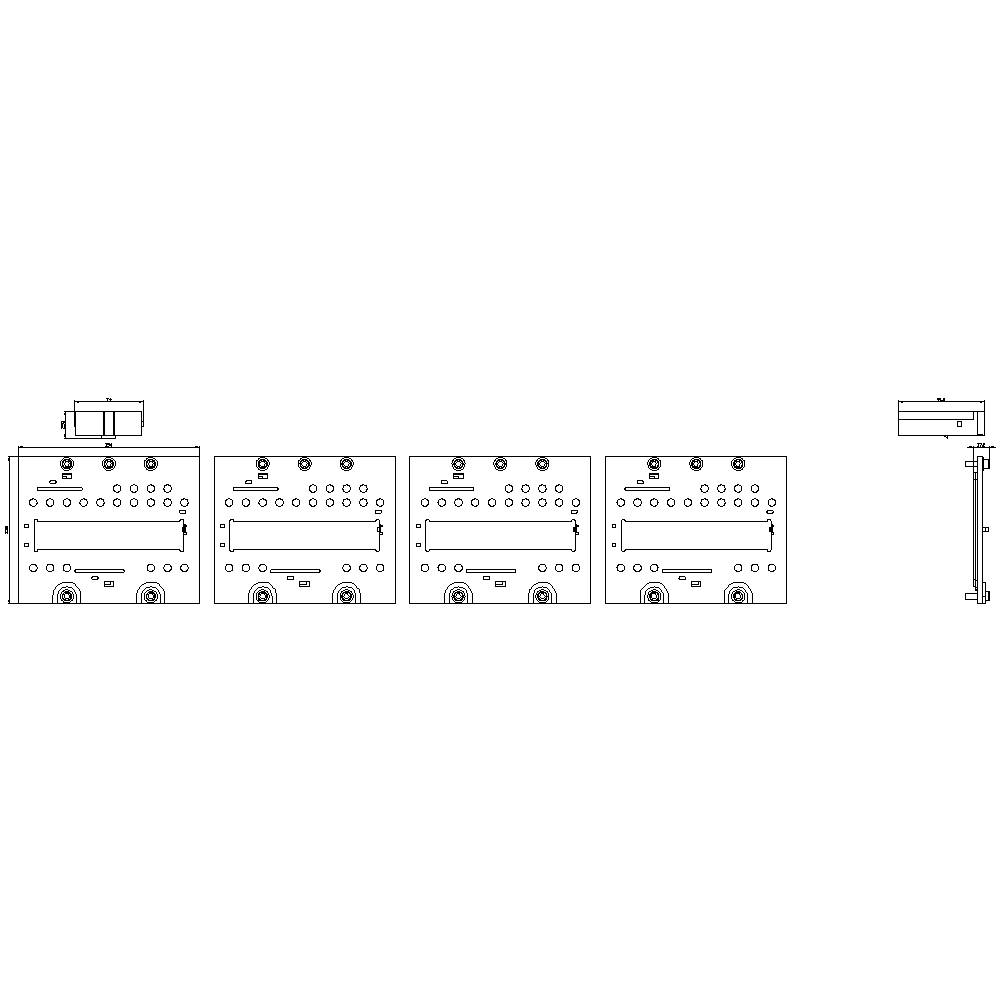 Rysunek techniczny układu maszyny z czterema głównymi modułami ustawionymi w jednej linii. W lewym i prawym górnym rogu widoczne są mniejsze komponenty.