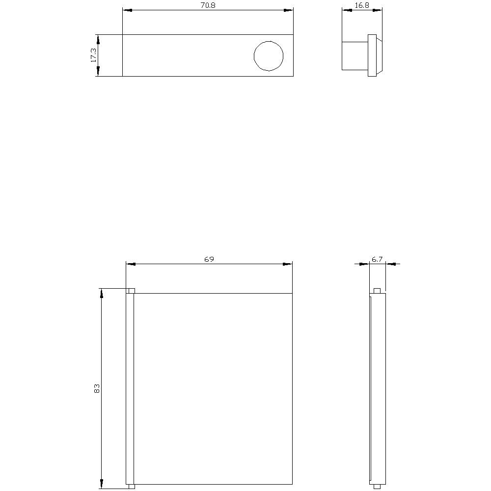 Rysunek techniczny prostokątnego obiektu z okrągłym detalem w prawym górnym rogu. Wymiary: 17,3x70,8 cm, 16,8x6,7 cm.