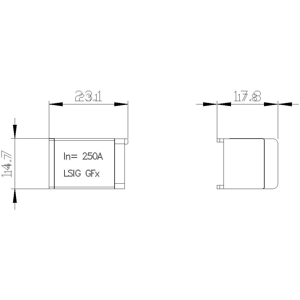 Rysunek techniczny elementu z opisami 'In=250A' i 'LSIG GFx'. Główne wymiary to 23,1 mm, 17,8 mm oraz 14,7 mm.