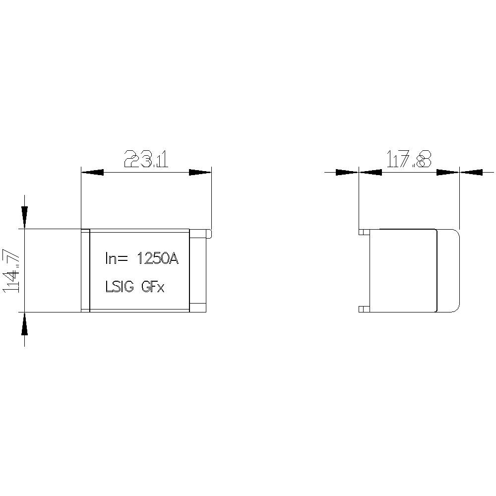Rysunek techniczny elementu elektrycznego, przedstawiający wymiary w mm: szerokość 23,1, wysokość 14,7, głębokość 17,8. Opisany napisem 'In=1250A LSIG GFx'.
