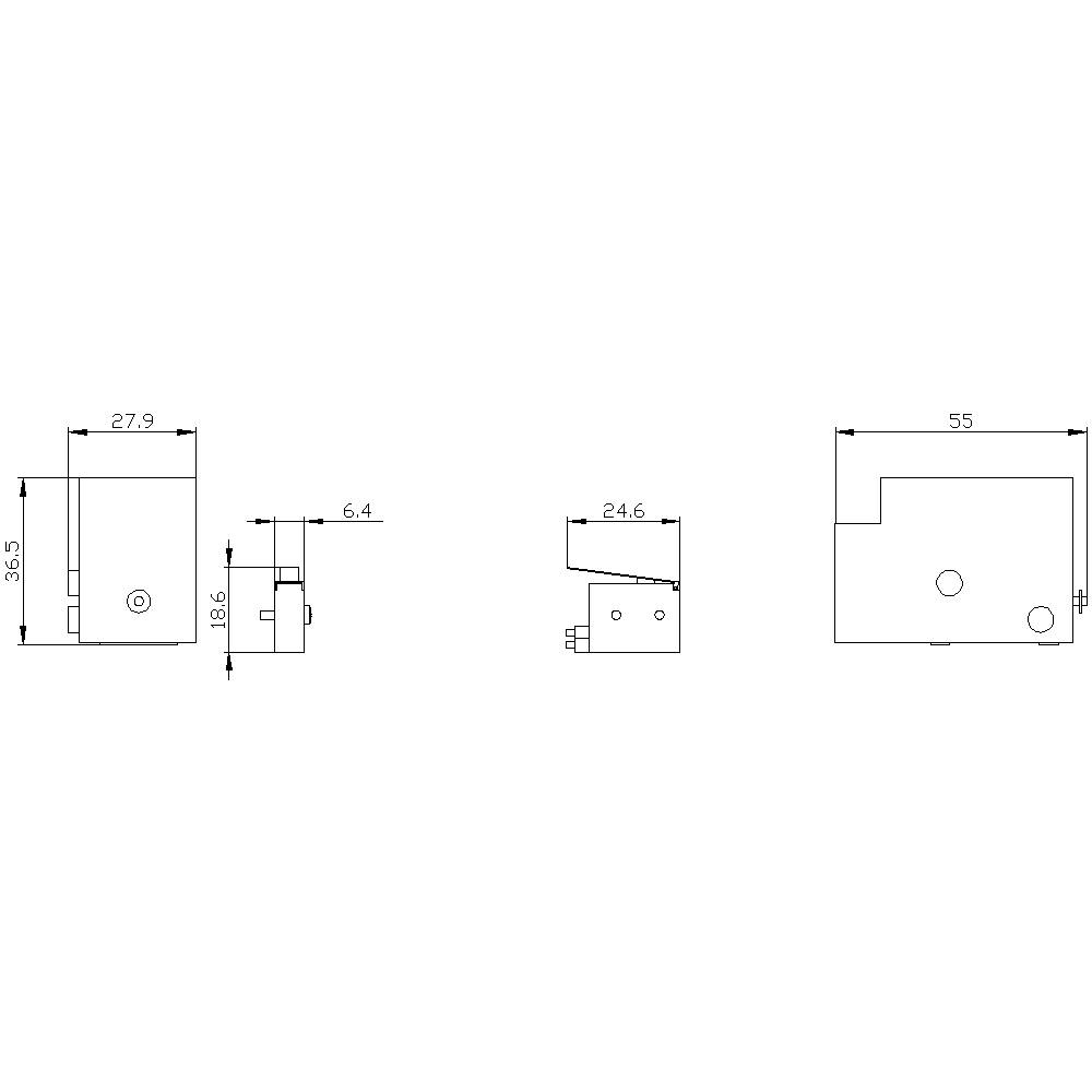 Rysunek techniczny części z wymiarami: 35,5 x 27,9 mm, 6,4 mm oraz 55 x 24,6 mm. Przedstawia widok boczny i widok z góry z oznaczeniami wymiarów.