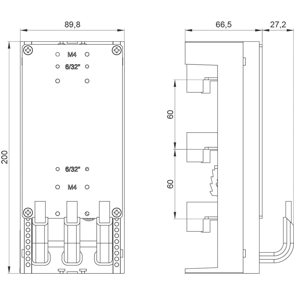 Rysunek techniczny prostokątnego urządzenia o wymiarach 200 x 89,8 mm. Widoczne są szczegóły, takie jak punkty mocowania śrub oraz złącza.