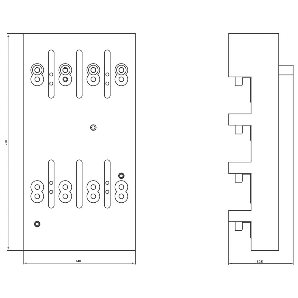 Rysunek techniczny elementu z wymiarami, widokiem z boku i z przodu. Przedstawia otwory i wycięcia przeznaczone do montażu.