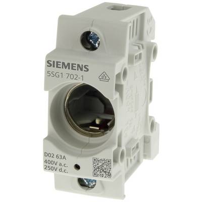 Uchwyt bezpiecznikowy Siemens, model 5SG1 702-1, odpowiedni dla 63A, 400V prądu przemiennego i 250V prądu stałego, z certyfikatem VDE i kodem QR.