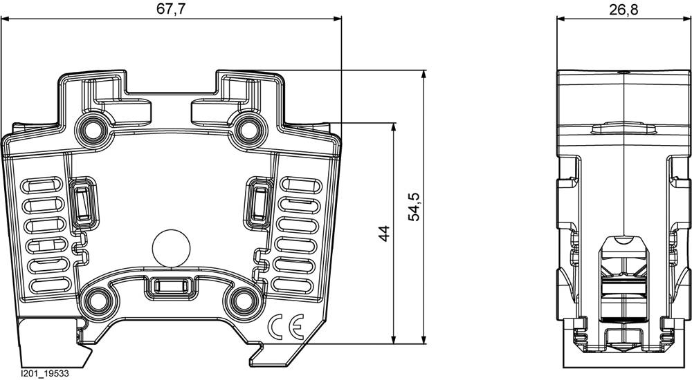 Rysunek techniczny elementu z wymiarami: szerokość 67,7 mm, wysokość 54,5 mm, głębokość 26,8 mm. Przedstawia widok z przodu i z boku.