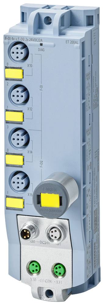 Przemysłowe komponenty w kolorze niebieskim, prezentujące różne złącza i kontrolki. Stosowane do połączeń elektrycznych i sterowania.