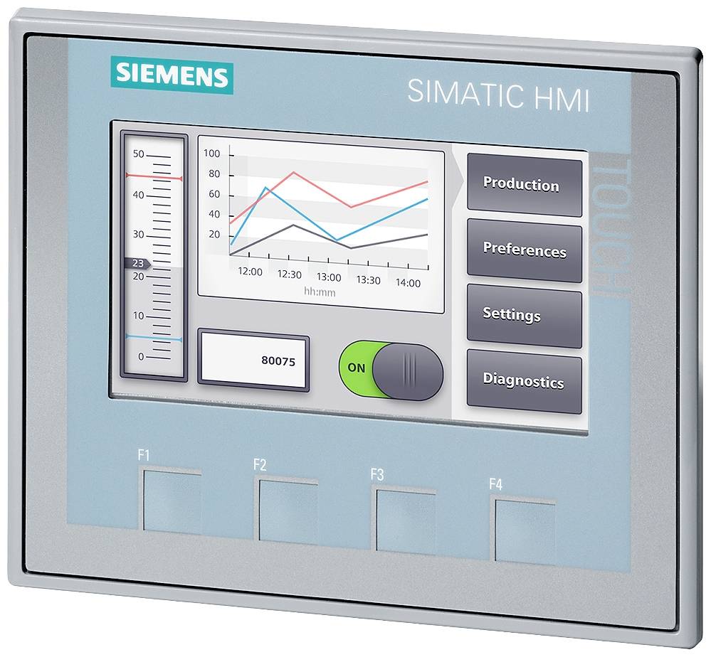Panel dotykowy marki Siemens 'SIMATIC HMI' wyświetla diagram liniowy z danymi produkcyjnymi, przełącznikiem sterowania i opcjami menu.