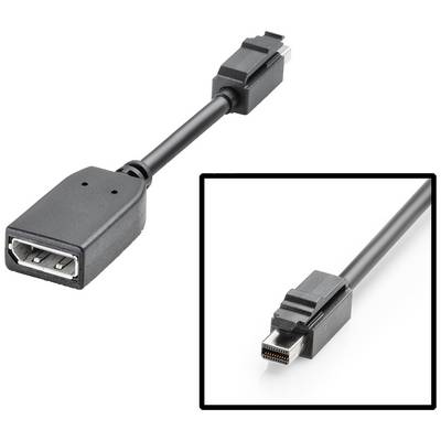 Czarny adapter kablowy z gniazdem HDMI po lewej stronie i wtykiem Mini DisplayPort po prawej stronie, sfotografowany na białym tle.