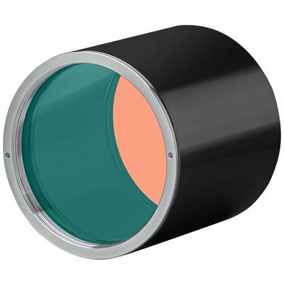 Czarny, cylindryczny przedmiot z przezroczystym, niebieskim otworem i pomarańczową przestrzenią wewnętrzną.