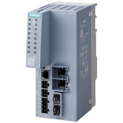 Przemysłowy przełącznik sieciowy firmy Siemens. Model Scalance SC662-2C, wyposażony w kilka portów Ethernet oraz diody sygnalizacyjne.