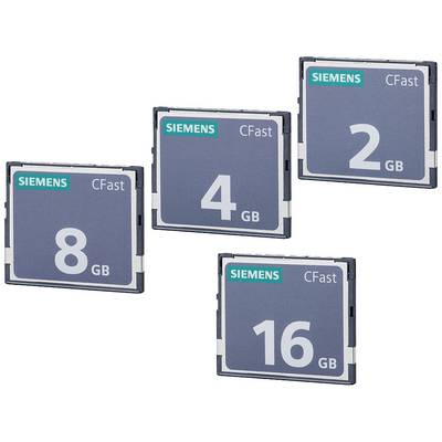 Cztery karty Siemens CFast o pojemnościach pamięci 2 GB, 4 GB, 8 GB i 16 GB, ułożone w lekko skośnym rzędzie.