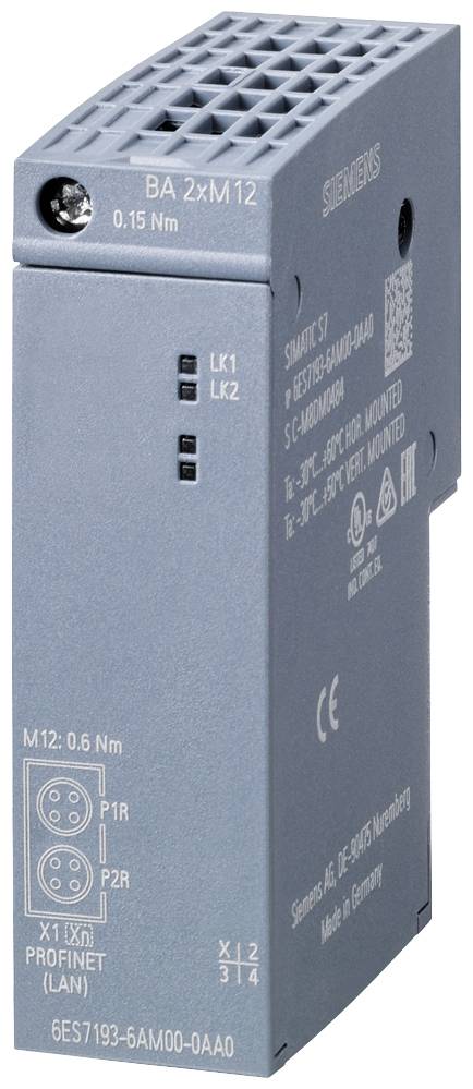 Urządzenie elektroniczne z dwoma złączami M12, wskaźnikami LED 'LK1' i 'LK2'. Oznaczenie zawiera specyfikacje techniczne oraz informacje o producencie.