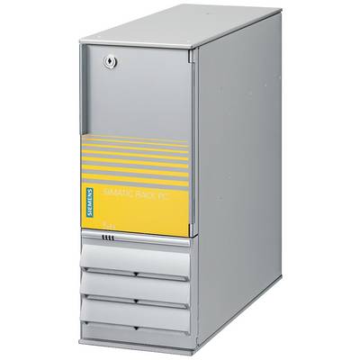 Szary przemysłowy komputer PC z żółtą przednią ścianką i napisem 'SIMATIC RACK PC' firmy Siemens.