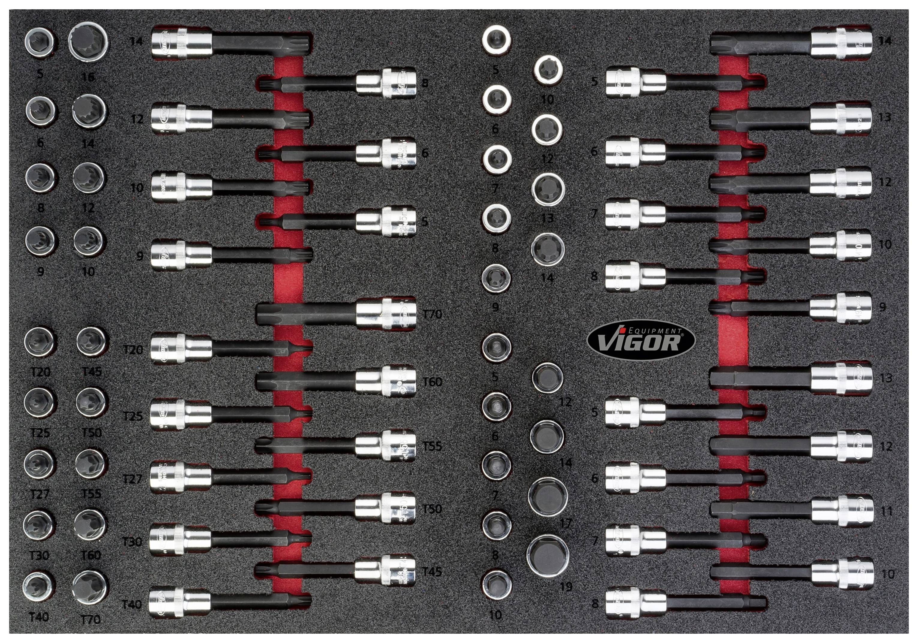 Zestaw narzędzi w wytłaczance z pianki z różnymi kluczami i przedłużkami. Znak firmowy 'Vigor' na środku.