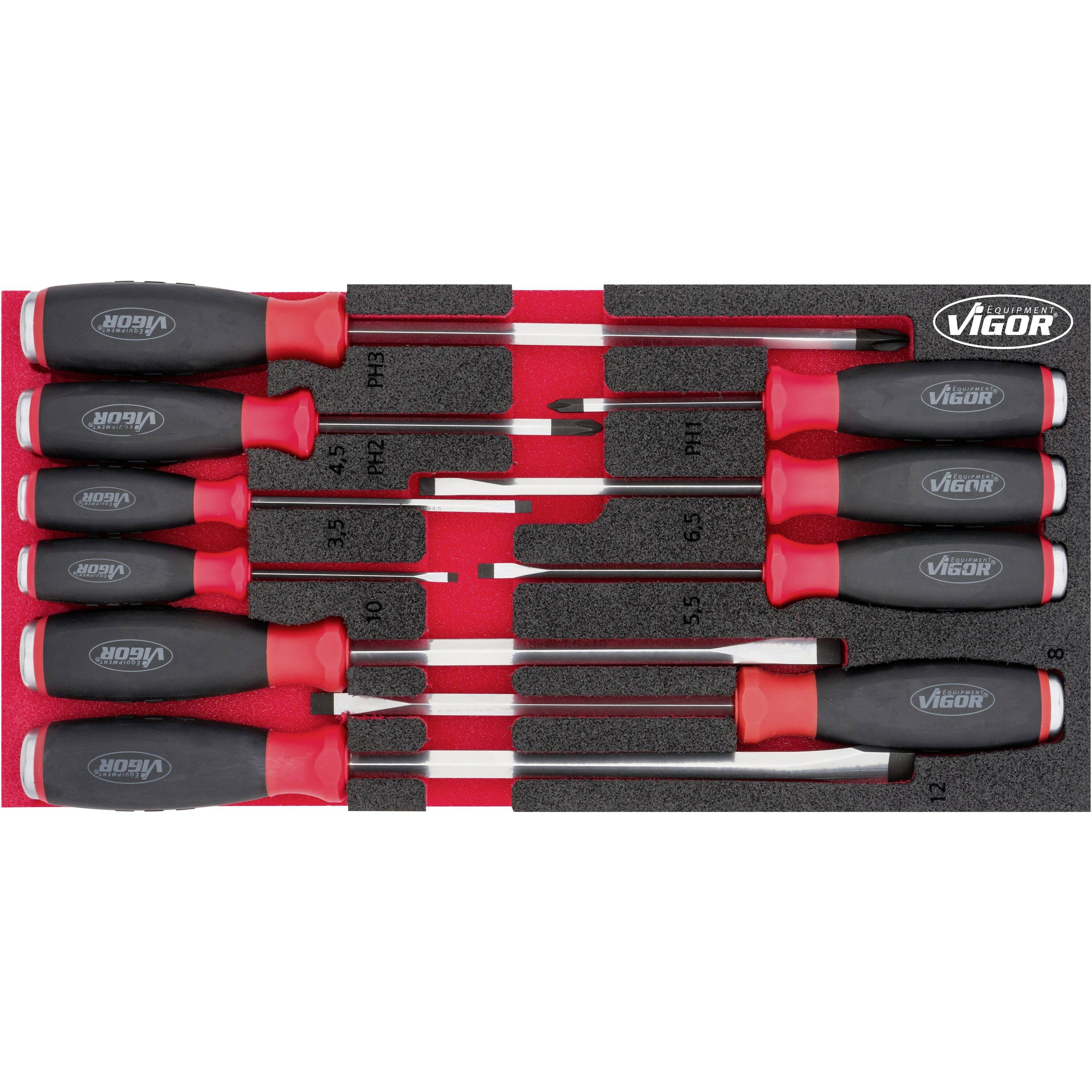 Zestaw wkrętaków z czerwonymi i czarnymi uchwytami w pianowej wkładce. Każdy wkrętak ma różne rozmiary i końcówki.