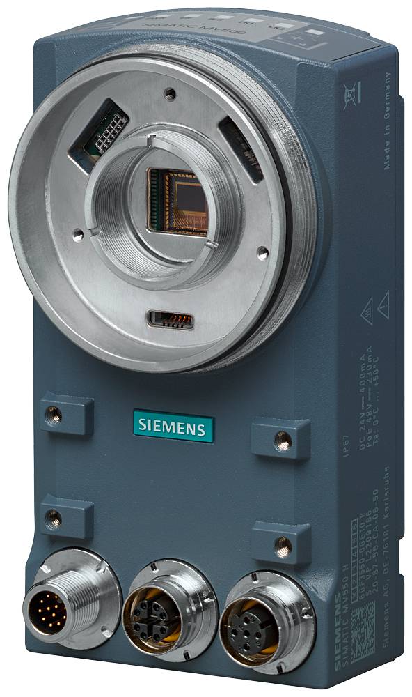 Przemysłowe urządzenie monitorujące firmy Siemens z portami przyłączeniowymi od spodu; przeznaczone do nadzoru i sterowania instalacjami fabrycznymi.