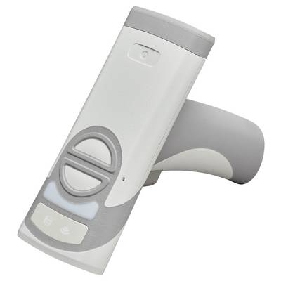 Skaner ręczny z szarymi akcentami, odpowiedni do odczytu kodów kreskowych lub RFID. Ergonomiczny design zapewniający łatwą obsługę.