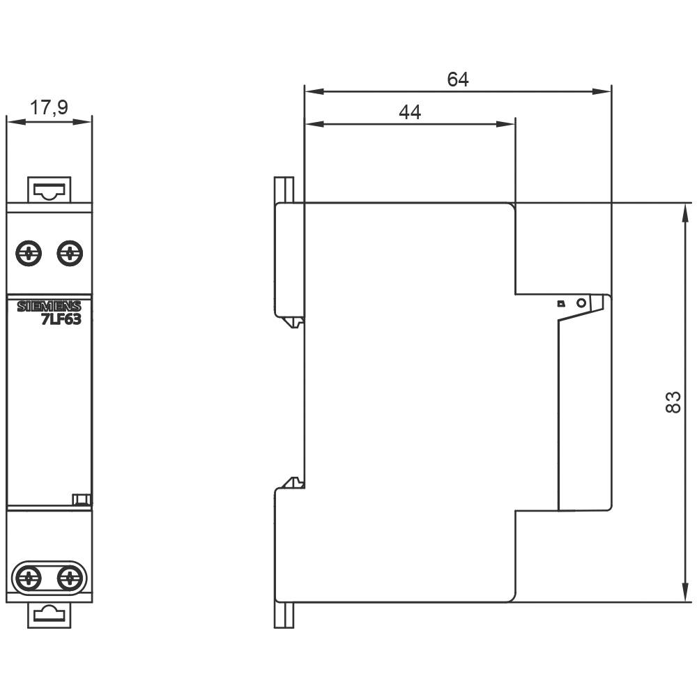 Rysunek techniczny elementu elektrycznego z wymiarami: szerokość 17,9 mm, wysokość 83 mm, głębokość 64 mm, widok szczegółowy.