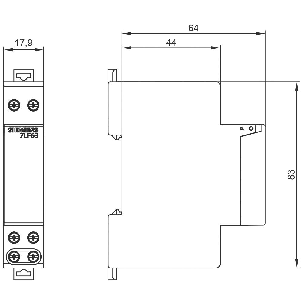 Rysunek techniczny elementu elektronicznego o wymiarach 71,9 mm szerokości, 83 mm wysokości i 64 mm głębokości.