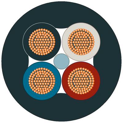 Przekrój kabla pokazuje cztery główne przewody miedziane w kolorze pomarańczowym, które są osłonięte czarnymi, białymi, niebieskimi i czerwonymi izolatorami, a całość jest zabezpieczona czarną osłoną.
