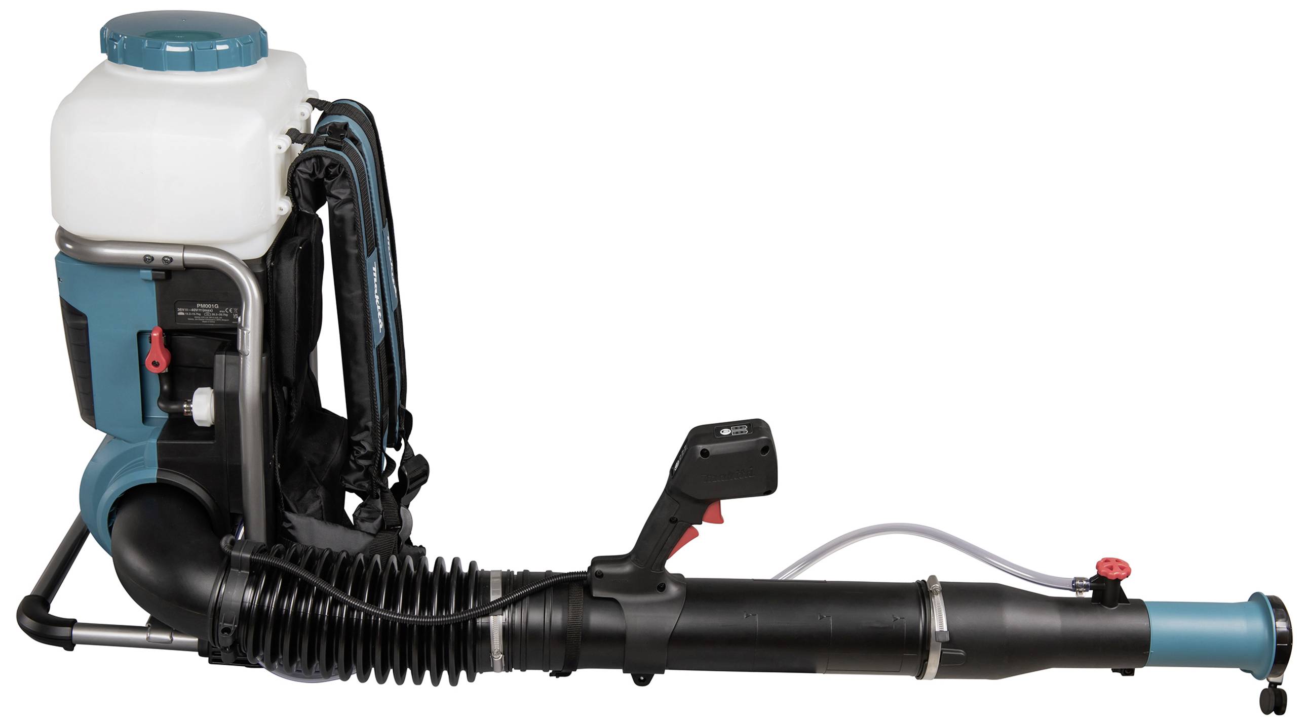 Dmuchawa z przenośnym zbiornikiem i długą dyszą, sfotografowana na białym tle.