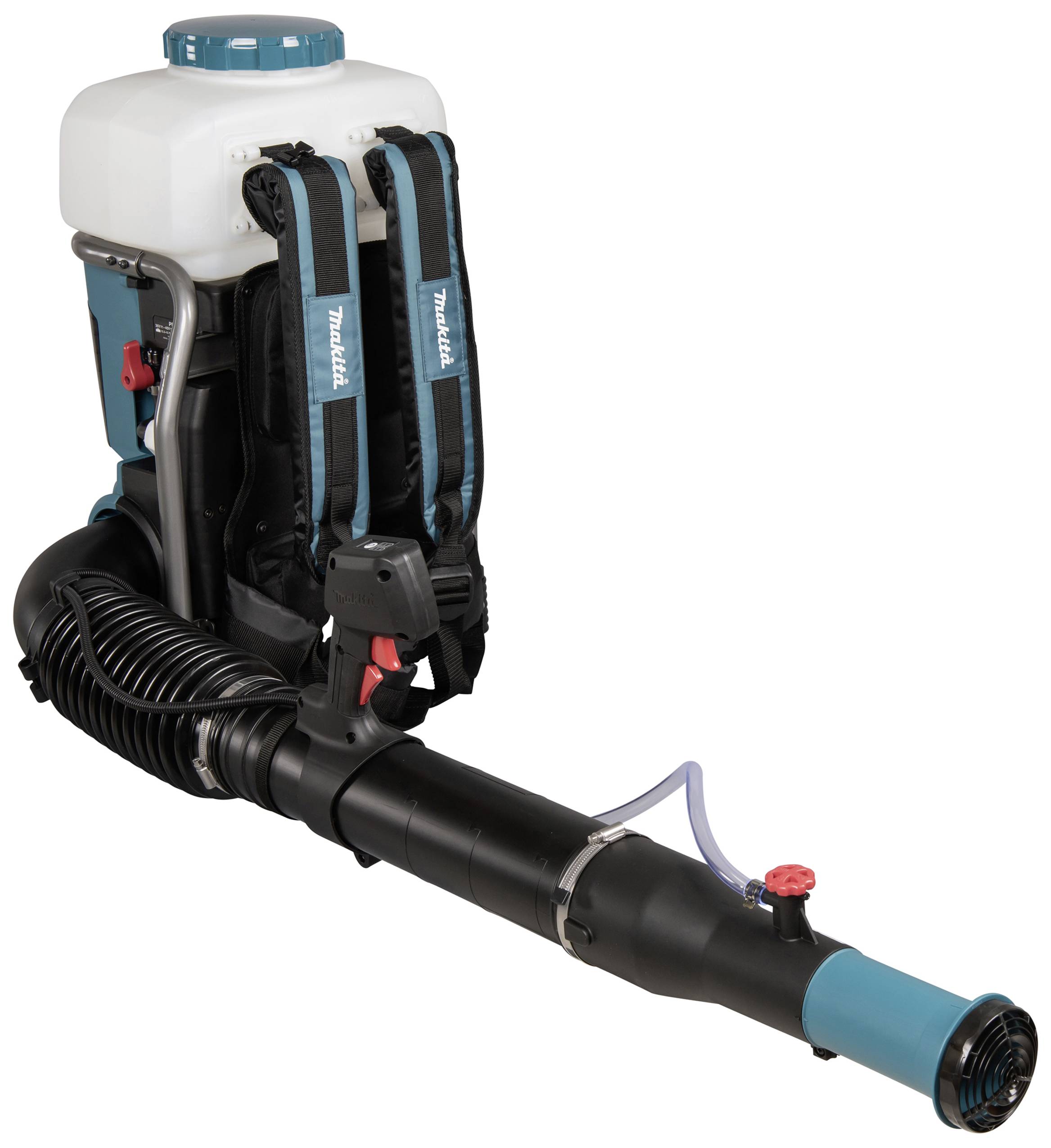 Przenośna, biała dmuchawa do liści z czarnym przewodem i niebieską dyszą, wyposażona w niebieskie szelki i czerwony uchwyt.