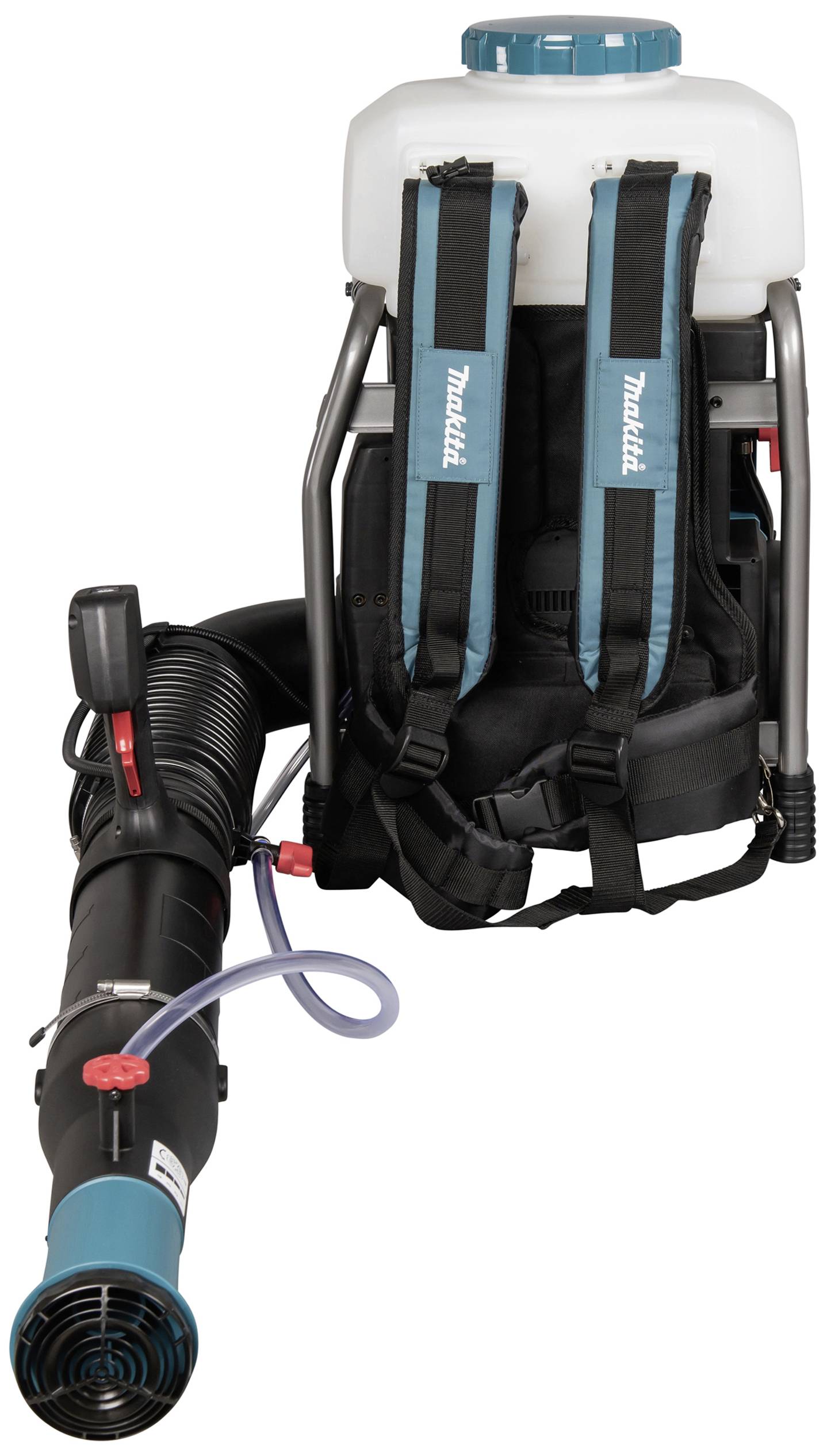 Opryskiwacz plecakowy z dużym białym zbiornikiem i czarnym wężem, odpowiedni do pielęgnacji ogrodu lub zastosowań rolniczych.