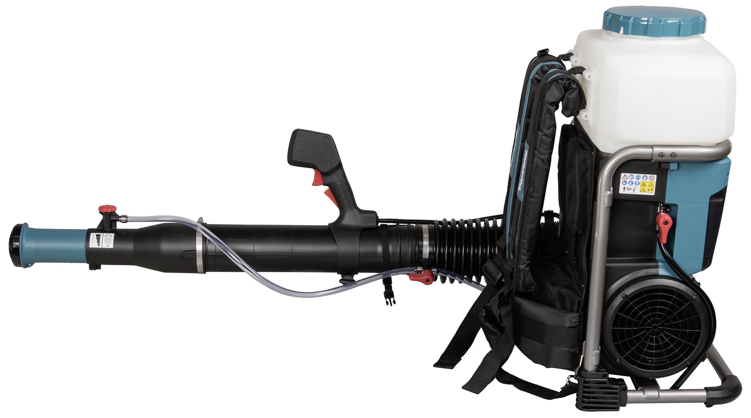 Przenośny dmuchawa do liści z zbiornikiem, uchwytem i przewodem, który jest noszony przez osobę. Odpowiedni do prac ogrodowych.