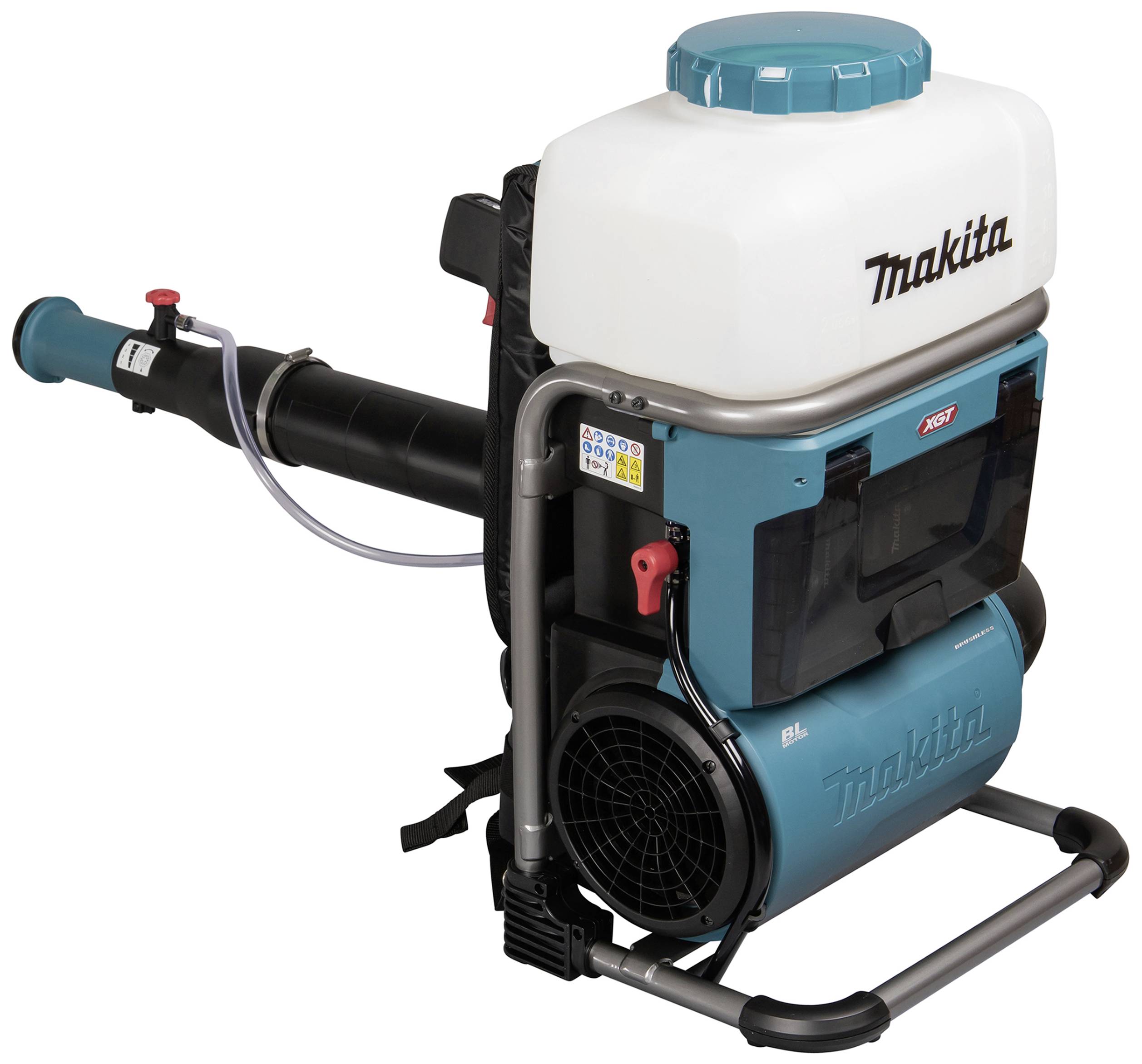 Przenośny akumulatorowy opryskiwacz firmy Makita, z dużym białym zbiornikiem w niebieskim kolorze, przeznaczony do opryskiwania roślin lub powierzchni.