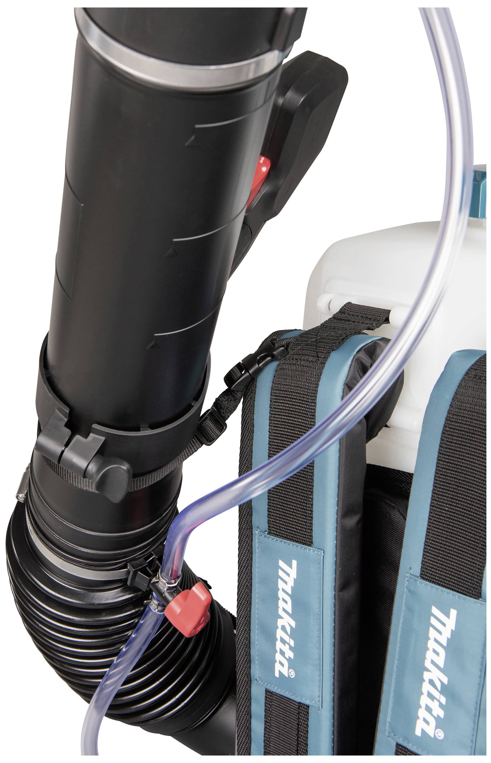 Plecakowe urządzenie dmuchowe z przewodami z tworzywa sztucznego i wyściełanymi paskami, odpowiednie do prac ogrodowych lub pielęgnacji krajobrazu.