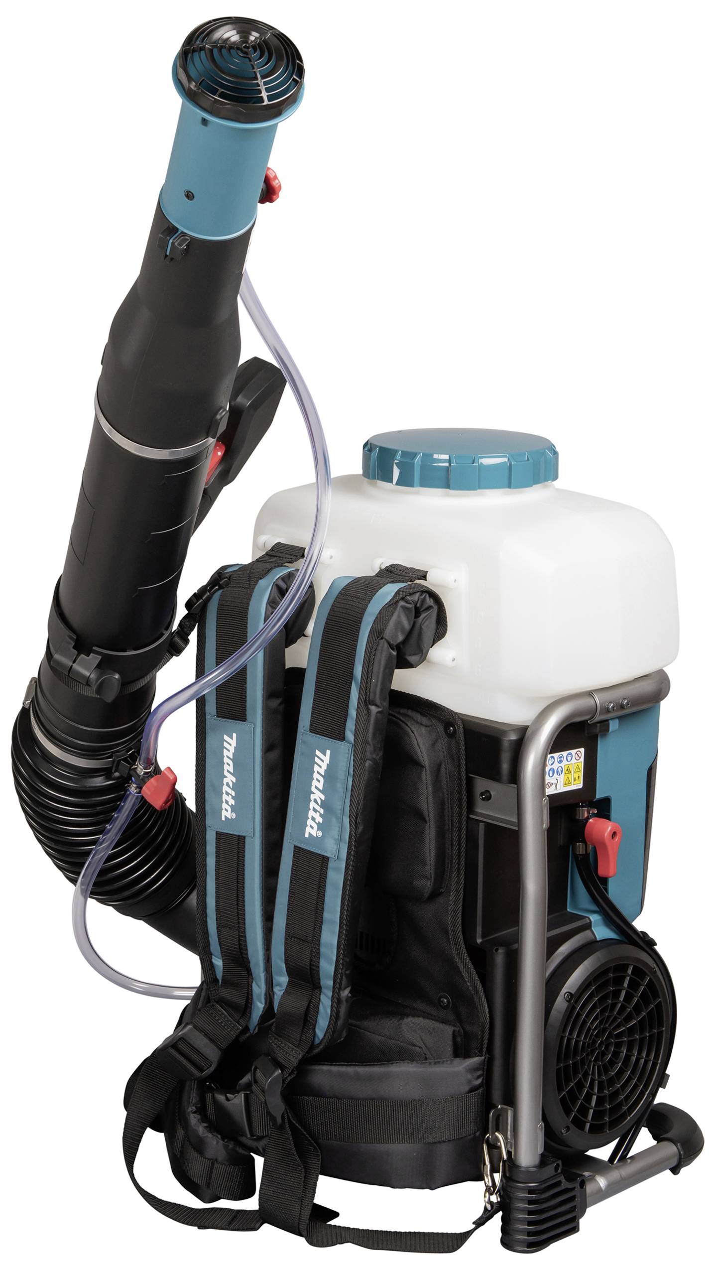 Przenośny opryskiwacz plecakowy z dużym białym zbiornikiem i czarnym wężem. Pasek jest wyścielany dla zwiększenia komfortu.