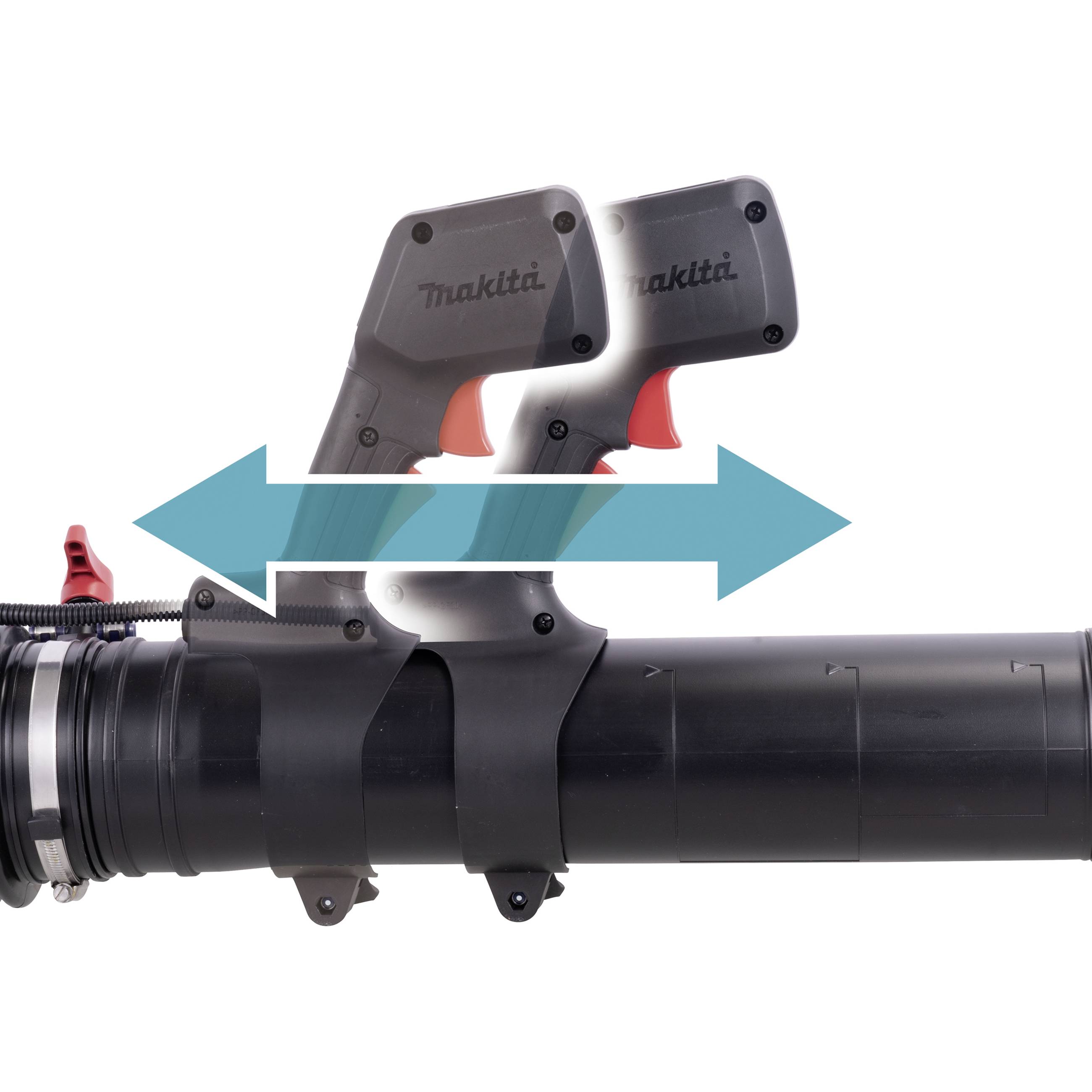 Elektryczne narzędzie z dwoma uchwytami pokazuje ruch strzałki, symbolizujący przemieszczanie się do przodu i do tyłu, charakteryzujące się ergonomicznym designem.