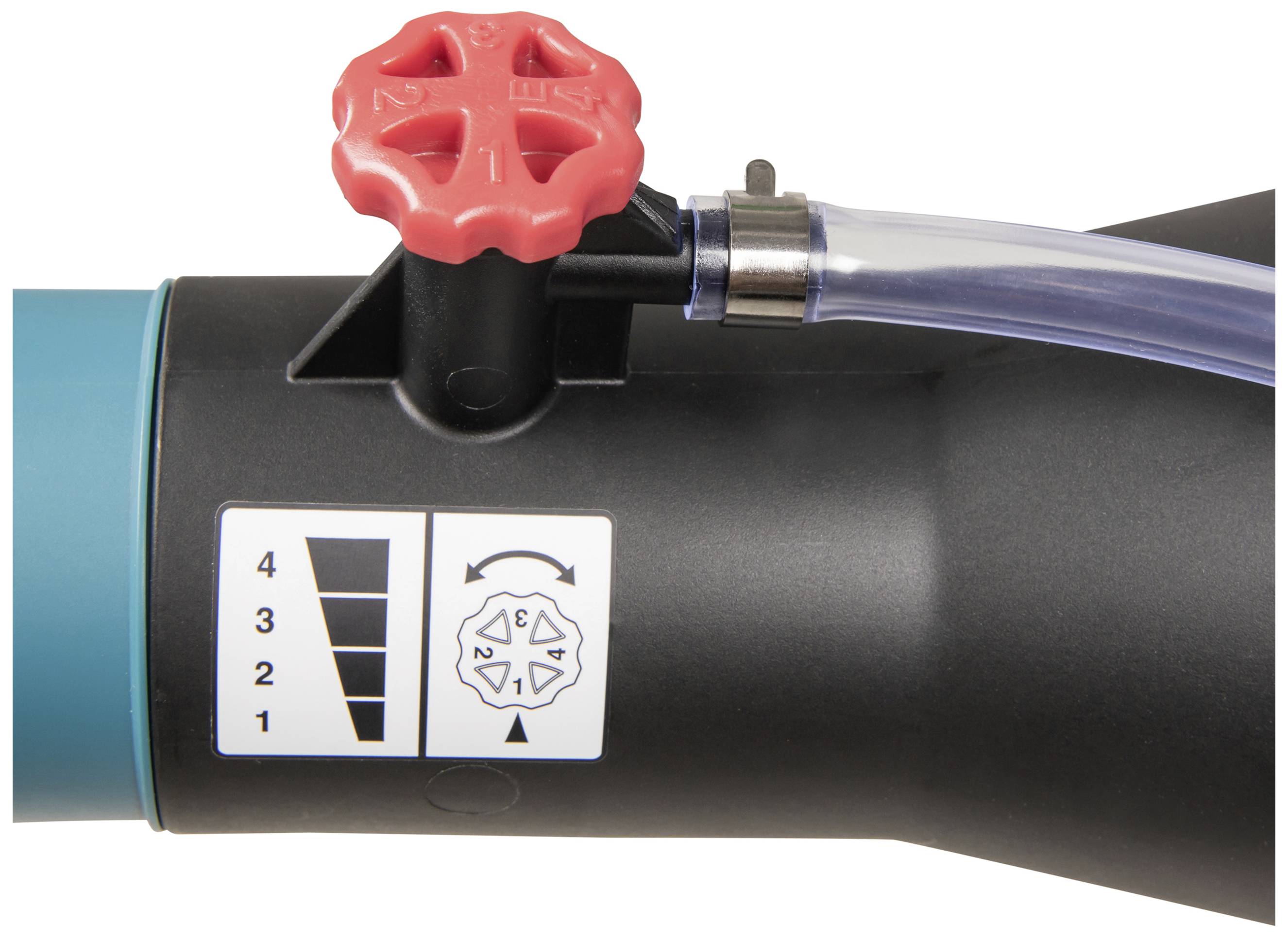 Czarny kran z czerwoną dźwignią zaworu, obok niego symbole poziomu przepływu wody od 1 do 4 oraz symbol kierunku obrotu.